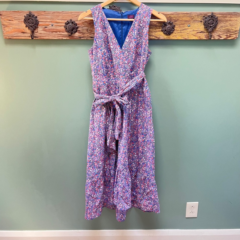 J.Crew Liberty Fabric Floral V-Neck Midi Dress Blue Red K7809 Womens 2